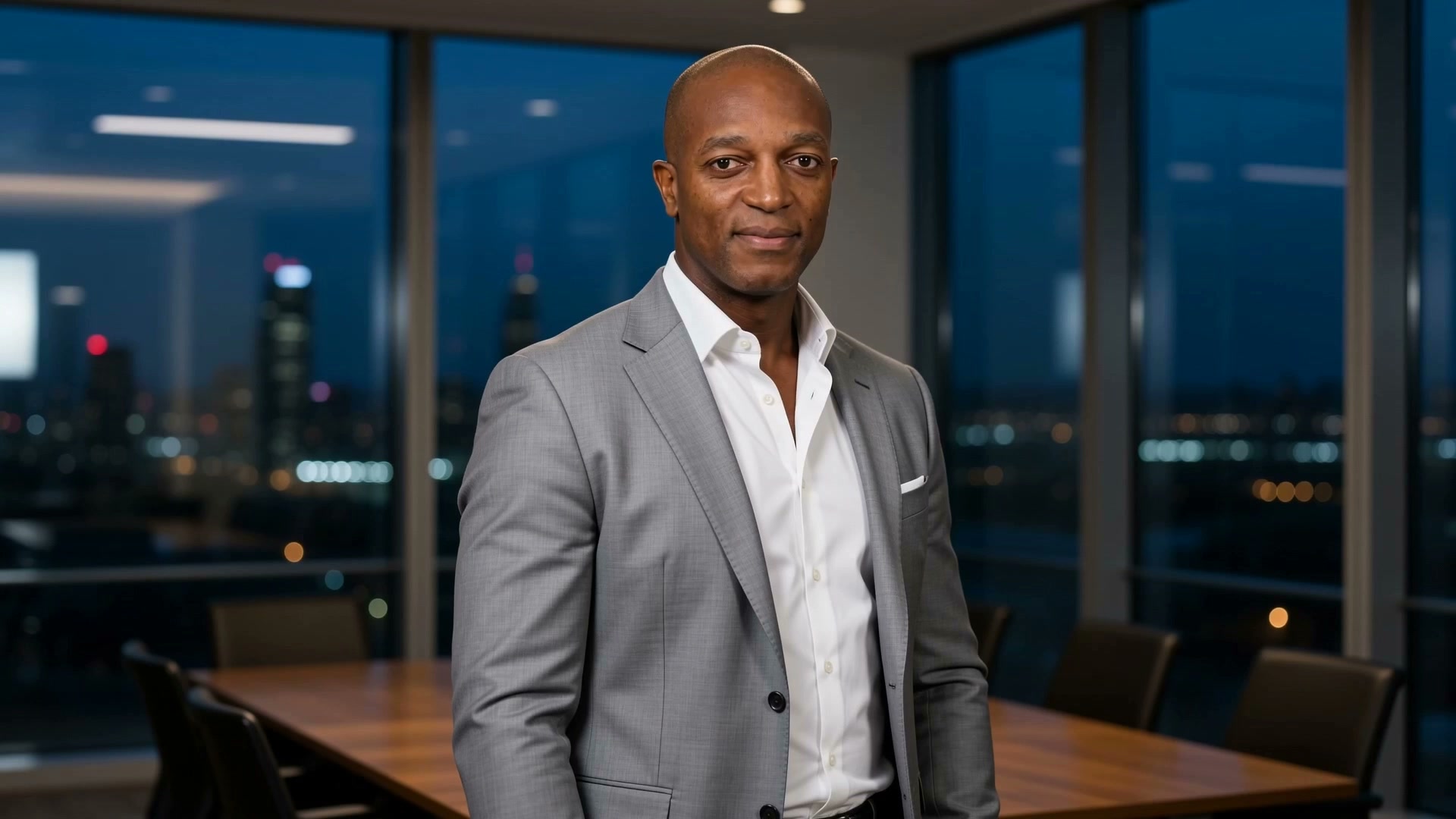 Komey Tetteh, Portfolio Manager at Zentra Asset Management, in an evening boardroom with the city behind him