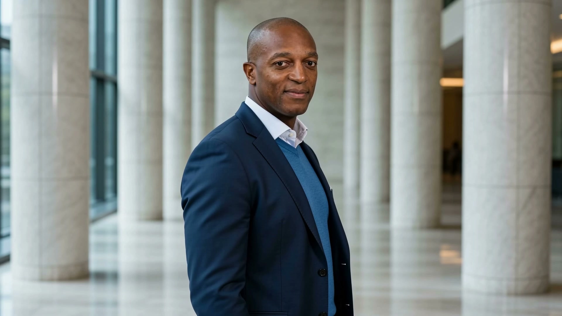 Komey Tetteh, SPX options and futures portfolio manager, photographed in a marble lobby